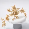 HIMSTORY Vintage Gold Roses Flower Headband Butterfly Headdress Bridal Wedding Hair Ornaments Headpiece Women Party Hairband X0726