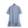 Za Blue Striped Ruffle Mini Dress Kvinnor Kortärmad Knapp Upp Tillfälligt Retro Klänningar Kvinna Mode Patch Fickor Vestidos 210602