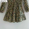 Zevity Women Sweet V Neck Country Style Floral Print A Line Dress Femme Long Sleeve Pleats Mini Vestido Chic Cloth DS4696 210603