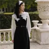YOSIMI Long Women Dress Fake Set Spring Embroidery Peter Pan Collar Mid-calf A-line Sleeve White Patchwork Black 210604