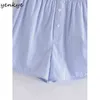 Luz azul listrado shorts mulheres elásticas cintura alta ocasional femme verão pantalones cortos de mujer 210514