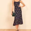 Summer Strap Dress Slim Square Collar Long Chiffon Pastoral Style Vintage Ruffle Floral Print Midi Women 210514