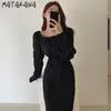 MATAKAWA Elegantes französisches schlankes Kleid mit quadratischem Ausschnitt und Puffärmeln, Korea-Chic, plissiert, hohe Taille, lange Kleider für Frauen 210513