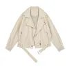 Kadın Faux Deri Kış Vintage Beyaz Turn Aşağı Yaka Uzun Kollu Kısa Lokomotif PU Ceketler Kadın 210514