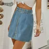 Falda de mezclilla de cintura alta vintage para mujer Moda calle estilo Cremallera Mini s Mujer A-line Jean con cinturón 210510