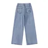 Pantalon en denim à jambe large pour femme, imprimé peint à la main, bleu délavé, pantalon droit, pantalon Harajuku Tide, femme 210417