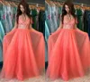2021 Coral Prom Dresses Spaghetti Straps A Line Lace Tulle Floor Length Custom Made Evening Gown Formal Ocn Wear Vestidos 403 403
