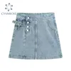 Mini gonne di jeans a-line Bottoni a vita alta Vintage Y2K Jeans da donna sexy Crop Wrap Gonne Party Clubwear Eleganti bottoni blu 210417