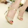 Lakeshi sommar kvinnor pumpar små klackar bröllopskor guld silver stilett high heels peep toe kvinnor heel sandaler damskor x0526