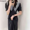 Korean Summer Women Black Dress Vintage Short Sleeve Slim Mesh Turn Down Collar Office Ladies Dresses Elegant Vestidos 210519