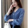 Spring Women's Long Sleeves Bow Chiffon Women Shirts Loose Womens Tops And Blouses Blue Solid Blouse Blusas 1985 50 &