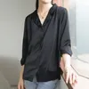 OL Elegant Black Satin Shirt Femme Autumn Vintage Suit Collar Women Blouses Long Sleeve Loose Tops Female Blusas 210421