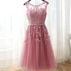 Pink Short Lace Cocktail Dresses Illusion Sweetheart Lace Pearls Evening Party Gowns Appliques Bridesmaid Guest Dress CPS298