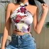 Rapwriter Seksi Backless Ejderha Baskılı Yaz Tankı Tops Kadın Çin Tarzı Kolsuz Halter Kırpma Moda Giysileri Tops 210415