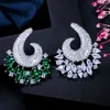 Luxury Green Blue Cubic Zirconia Big Flower Brand Stud Earrings for Women Wedding Fashion Costume Jewelry Gift CZ442 210714