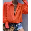 여성용 블라우스 셔츠 립스왑 가을 섹시한 노치 칼라 올 블라우스 여성 랜턴 긴 소매 버튼 Blusa Loose Shirt Solid Color Femme T