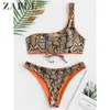 Zaful snakeskin print en axel bikini set kvinnor sexig bandage leopard baddräkt kvinnlig brasiliansk baddräkt strand baddräkt y0820