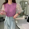 Sommer Damen Puffärmel gestricktes T-Shirt Tops Kurze koreanische Ins kleine Gänseblümchen-Mesh-Nähte T-Shirt GD371 210506