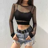 Sexy Black Hollow Out Mesh T-Shirt Female Skinny Crop Top Fashion Summer Basic Tops For Women Fishnet Shirt 210607