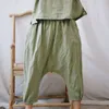 Johnature couleur unie coton lin rétro taille élastique pantalon croisé automne ample confortable all-match mollet longueur pantalon 210521