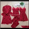 Kvinnor MXL 4PCS Kimono Badrock Robe Gown Sats Sexig Velour Lady Underkläder Sommar Hem Kläder Nattkläder Brud Bröllop Sleepwear Irvjz Wdzkg