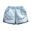 Summer Casual 2 3 4 6 8 10 Years Baby Children Blue Embroidery Floral Cotton Pocket Denim Shorts For Little Kids Girls 210701