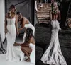 Bling Sequined Squre Neck Trumpet Mermaid Wedding Dresses Spaghetti Stems Sexig öppen ryggrockar de Mariee Sweep Train Modest Secon303q