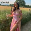 Foridol Off Shoulder Floral Print Spleet Jurk Dames Zomer Boho Lange Jurk Rode Party A-lijn Maxi Ruffle Beach Pink Dress 210415