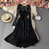 Neploe Elegant Lace Patchwork Hook Flower Chiffon Dress Women High Waist Hip A Line Long Vestidos Spring Long Sleeve Robe Solid Y0726