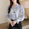 Stijl kleding lange mouwen print shirt vrouwen gestreepte kantoor dame blouse busas elegantes tops kleding 8455 50 210521