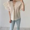 Zomer witte blouse korea v-hals sexy casual shirt holle borduurwerk V-hals shirt vrouw mode kleding 14192 210527