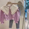 Camisas cortas de manga farol a la moda de primavera para niñas, Tops de algodón con cuello vuelto grande, novedad de 2021, estilo de llegada 210331