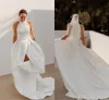 Simle Plus Beach Size A Line Wedding Dresses Front Split Pleats Sleeves Jewel Neck Satin Sweep Train Garden Country Style Bridal Dress Gowns Vestidos De Novia