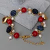 Y·YING Cultured White Pearl Blue Titanium Druzy Red Coral Charm Bracelet Women Wedding Party Gift