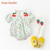 Urso Líder nascido Bebê Flores Bodysuits Casuais Moda Moda Meninas Verão Verão Cherry Romper Bebes Ruffles Jumpsuit 0-2 Anos 210708