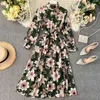 Elegant koreansk kläder svart blommig vintage klänning kvinnor femme robe vår och sommar båge midja slank chiffong kvinna 210514