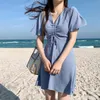Zomerjurk Vrouwen Effen Elegant Geplooid Hoge Taille Mini Jurken Koreaanse Vestidos V-hals Kleding 16034 210415