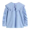 Blue Peter Pan Pan Ruched Colares Blusas Mulheres Puff Manga Longa Camisas Femininas Cardigan Coreano Vintage Lazer Lazer Ulzzang Top 210417