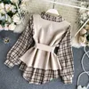 Vintage Frauen Plaid Print Hemdbluse und ärmellose Strickpullover Weste Zweiteilige Sets für elegante Herbstkleidung 210603