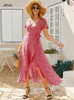 4色BOHO MAXI女性のドレス2021 Vネックフリル花柄半袖ミッドカーフヴェスディドレースアップサマードリプラスサイズx0621