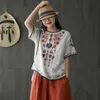 刺繍Tシャツ綿と麻の上の女性の夏の韓国のバージョン半袖文学アートレジャープルオーバーシャ​​ツ210623