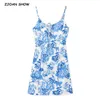 Sexy French Blue Floral Print Spaghetti Pasek Kobiety Mini Sukienka Powrót Zamek Zipper Cross Sznurowanie UP Collar Sling Wakacje Suknie 210429