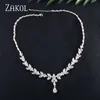 ZAKOL Luxury Exquisite Marquise Cut Cubic Zircon Leaf Adjustable Chain Necklaces For Women Fashion Bridal Wedding Party Jewelry