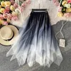 Skirts Women Irregular Double Layer Blue Gradient Mesh Skirt Summer Slim High Waist Mid Length Retro Elegant Mujer Faldas Korean 210610