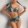 Brazylijskie bikini stroju stroju kąpielowego dla kobiet Brazylijski strój kąpielowy jedno ramię kobietom kwiatowe nadrukowane dwuczęściowe zestaw Bra Cup Bather