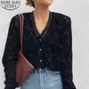 Vintage Bluzka Czarny Sexy V-Neck See przez Jesień Z Długim Rękawem Koszula Koronki Koreańskie Koszulki Szytki Blusas Mujer 11358 210417