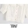 TRAF femmes doux mode Semi-transparent à pois chemisiers courts Vintage manches bouffantes bouton-up femmes chemises Chic hauts 210415