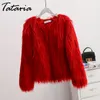 Tataria Women's Furry Faux Fur Coat for Winter Thick Warm Female Long Sleeve Fluffy s Collarless Overcoat 210514
