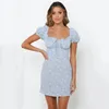 beach short dress puff sleeve ruffle summer women lace up blue es vintage elastic tunic mini 210427