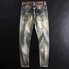 Italiensk stil mode män jeans högkvalitativa retro distreed elastic slim ripped vintage designer casual denim byxor 8kcv
